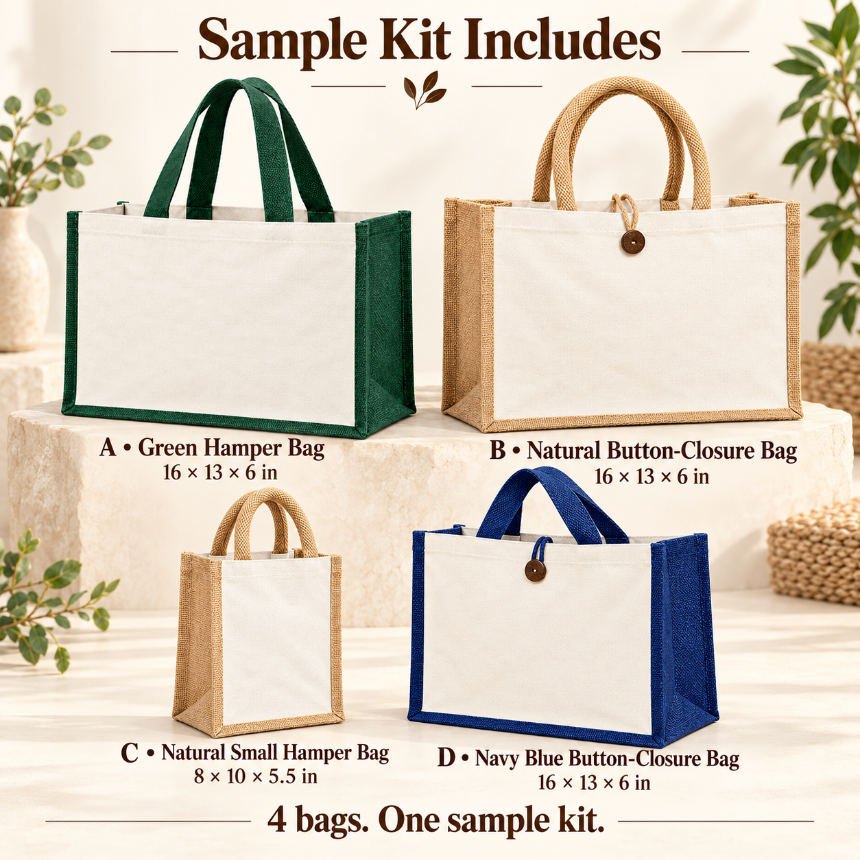 Laminated Jute Hamper Bag Sample Kit - Green Navy & Natural