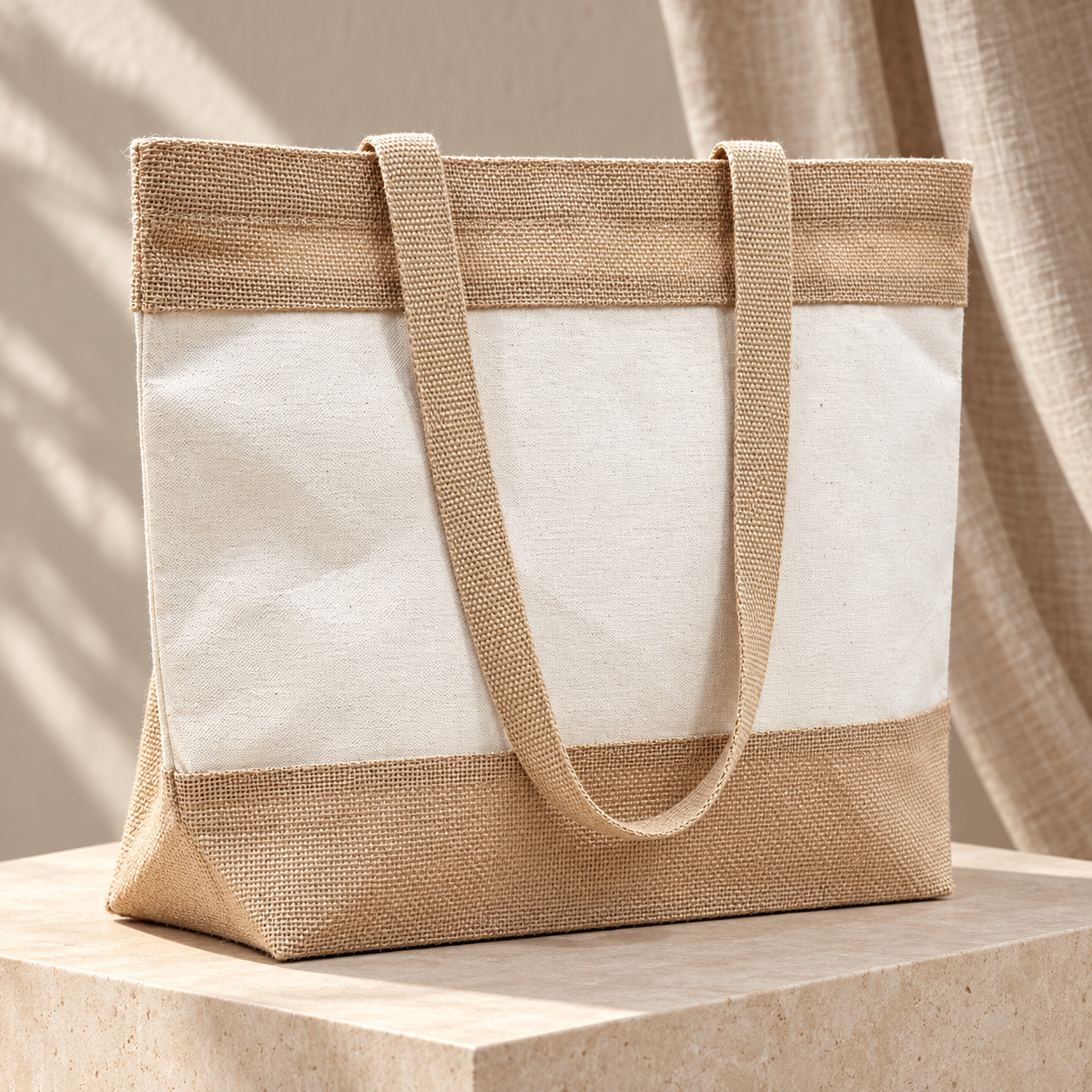 Plain 19x14x6 Natural Two-Tone Cotton Canvas Tote Bag | 350 GSM