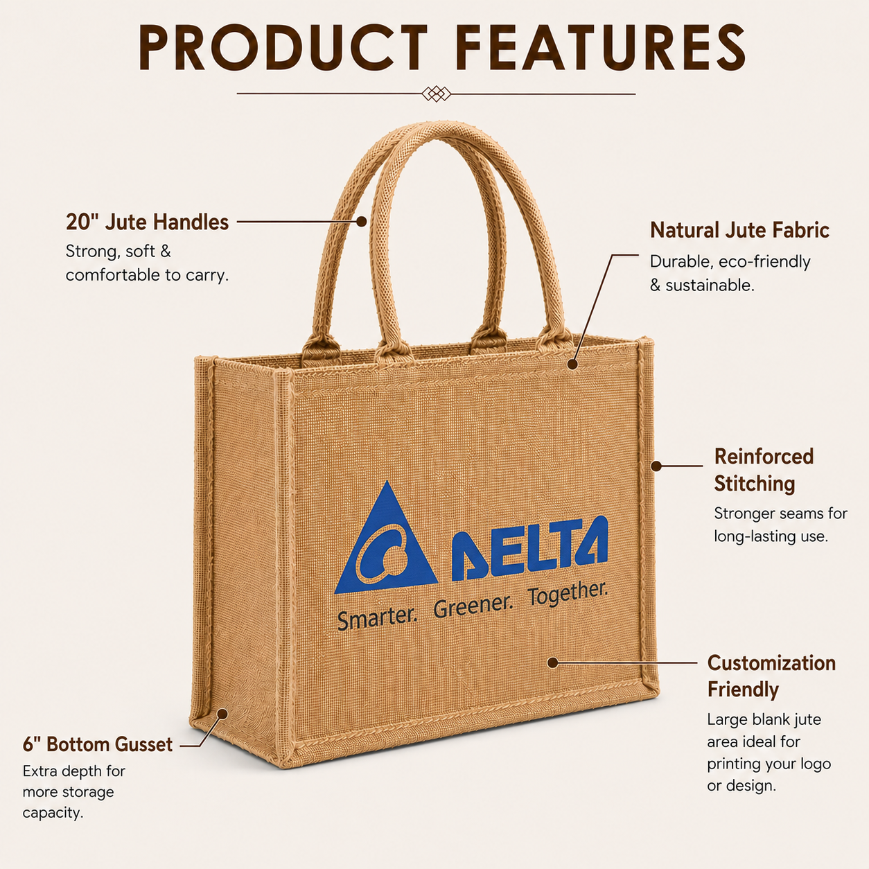 Custom 15×13×6 Natural Jute Tote Bag | 350 GSM