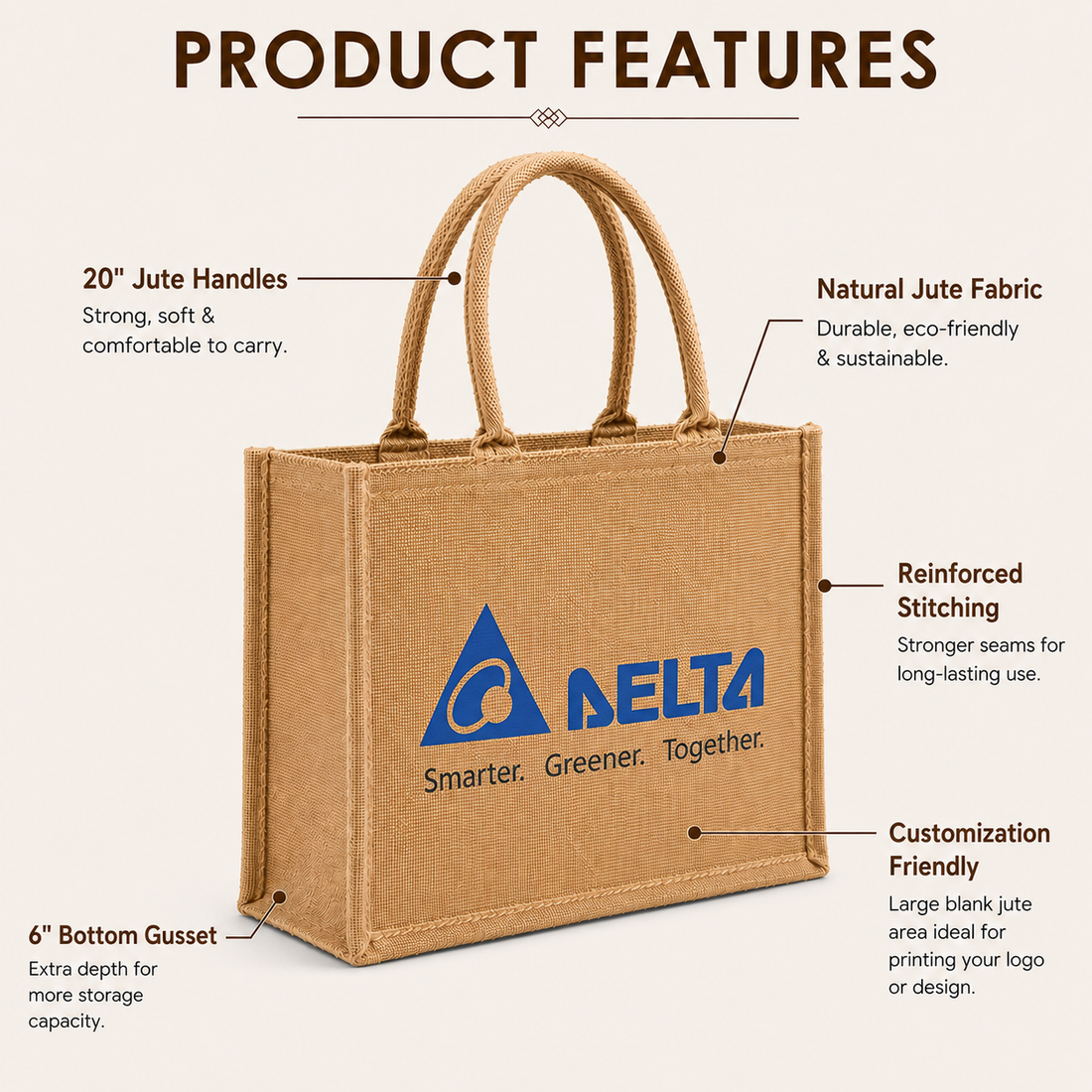 Custom 15×13×6 Natural Jute Tote Bag | 350 GSM
