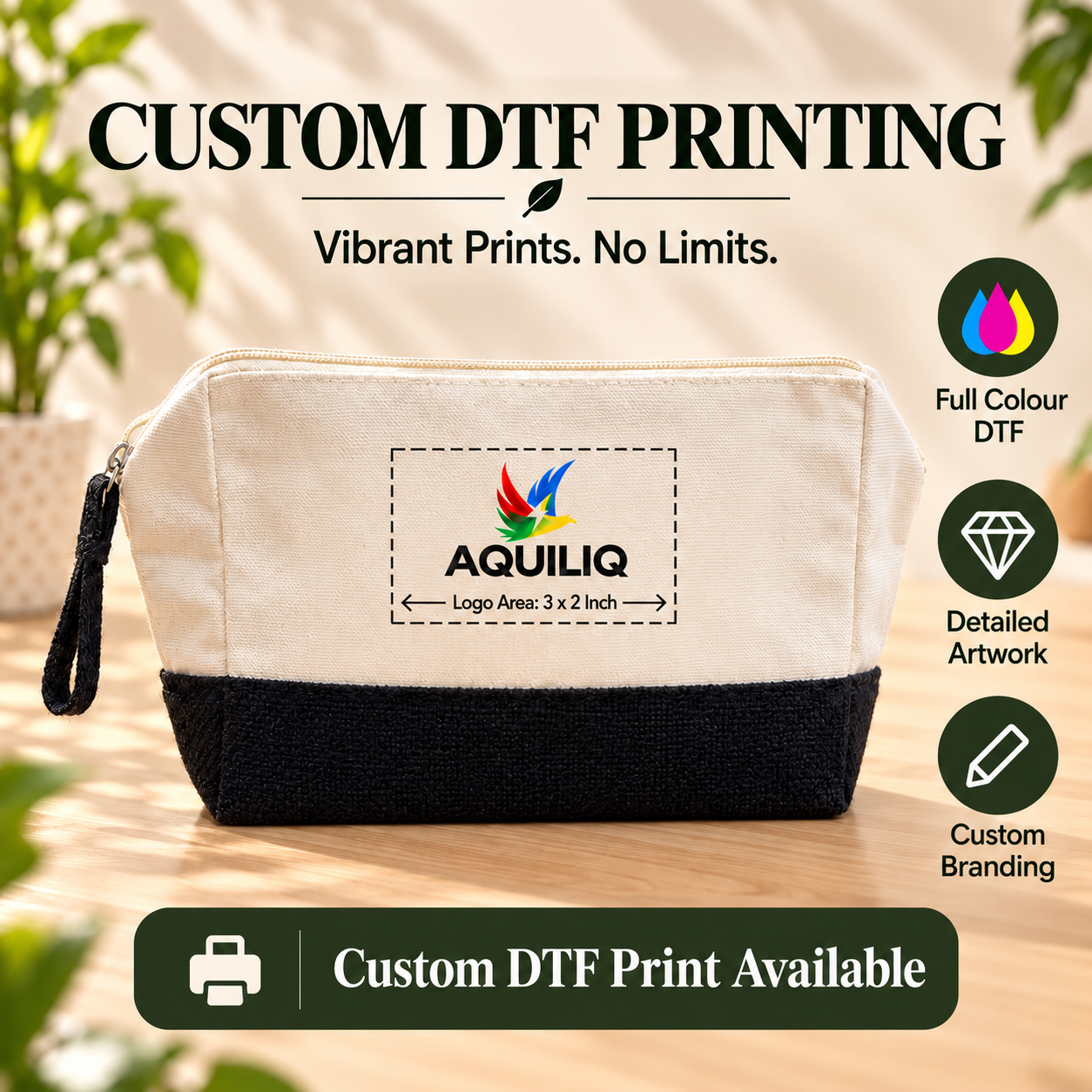 8x5x3 Black & Natural Cotton Canvas Zipper Pouch | 220 GSM