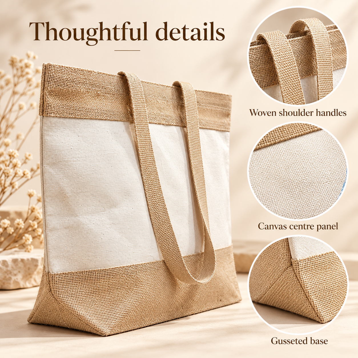 Plain 19x14x6 Natural Two-Tone Cotton Canvas Tote Bag | 350 GSM
