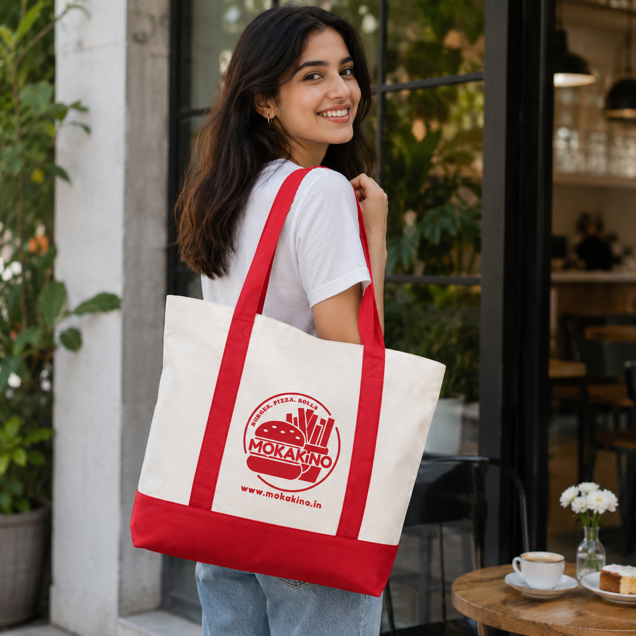 Red and Beige Large Canvas Tote Bag | 19" x 15" x 6"