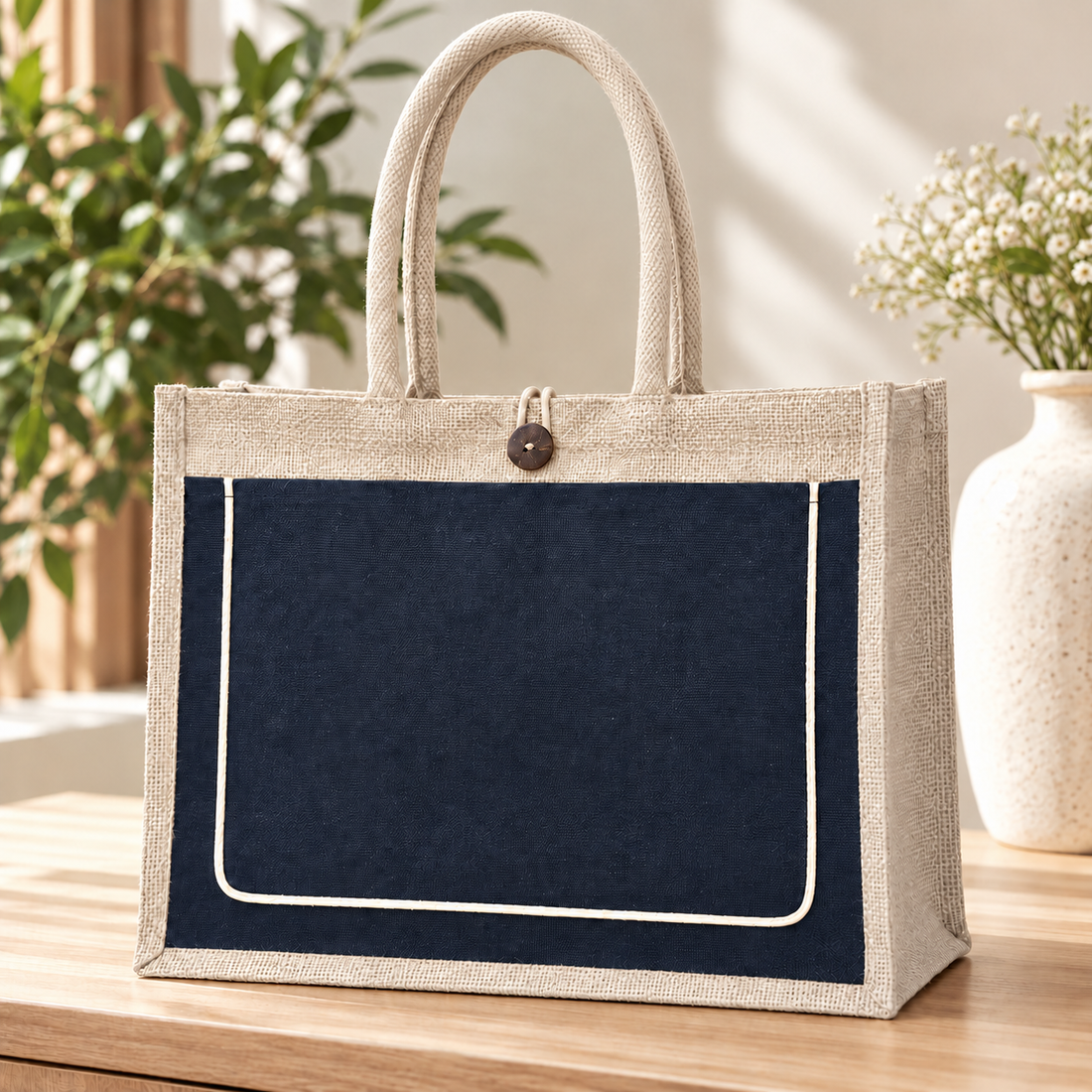 Plain 17x13x6 Black & Natural Jute Tote Bag with Piped Canvas Front Pocket
