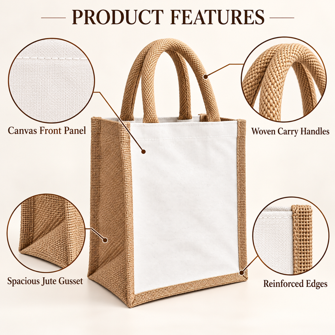 Plain 8x10x5.5 Natural Small Jute & Canvas Hamper Bag