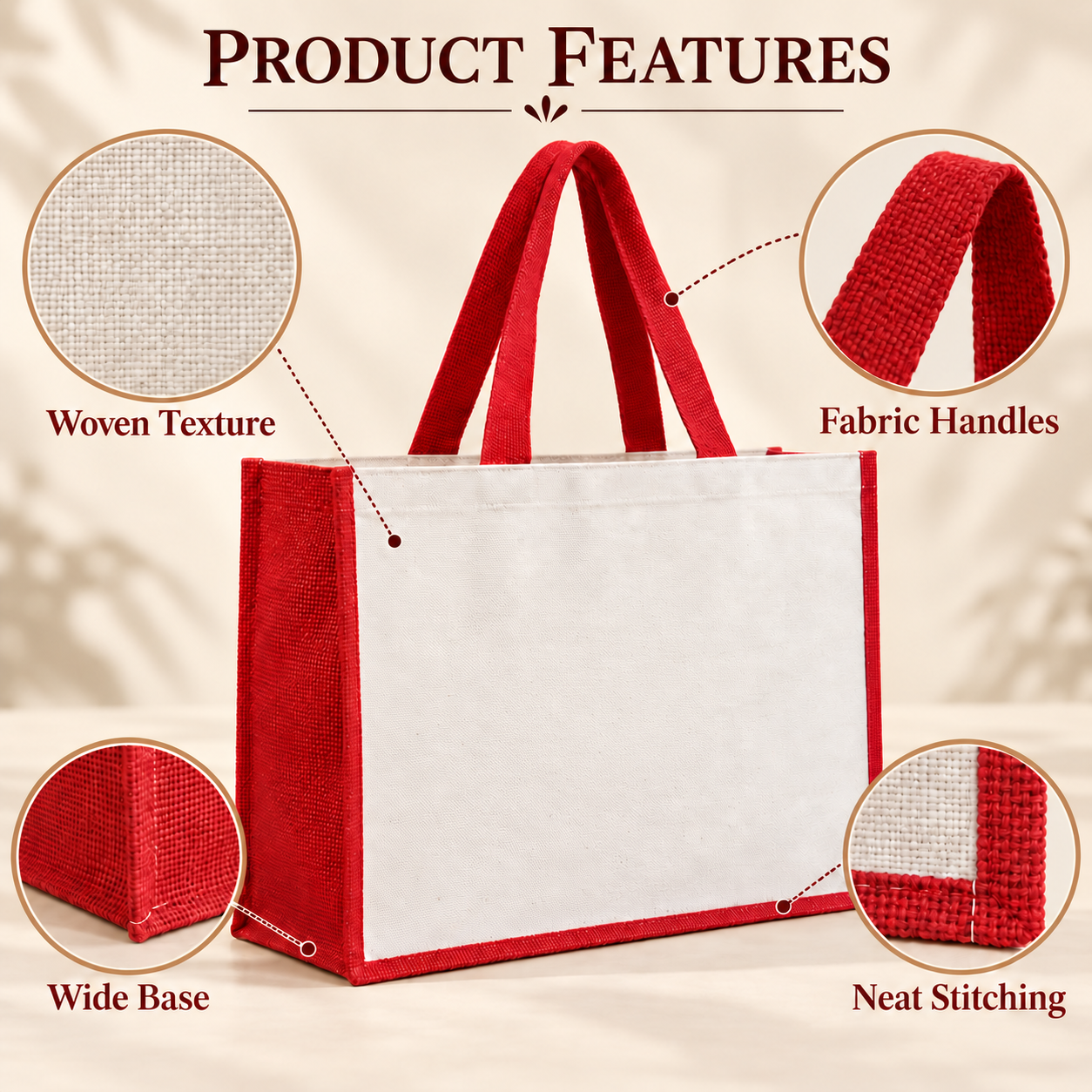 Plain 16x13x6 Red Laminated Jute & Canvas Hamper Bag