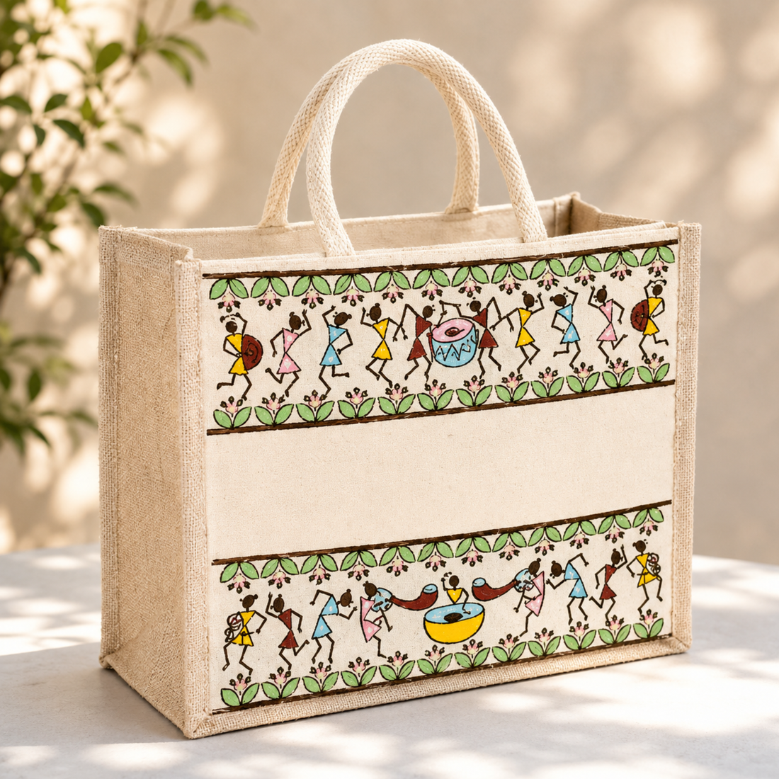 Plain Tribal Beats Warli Hamper Bag - Beige