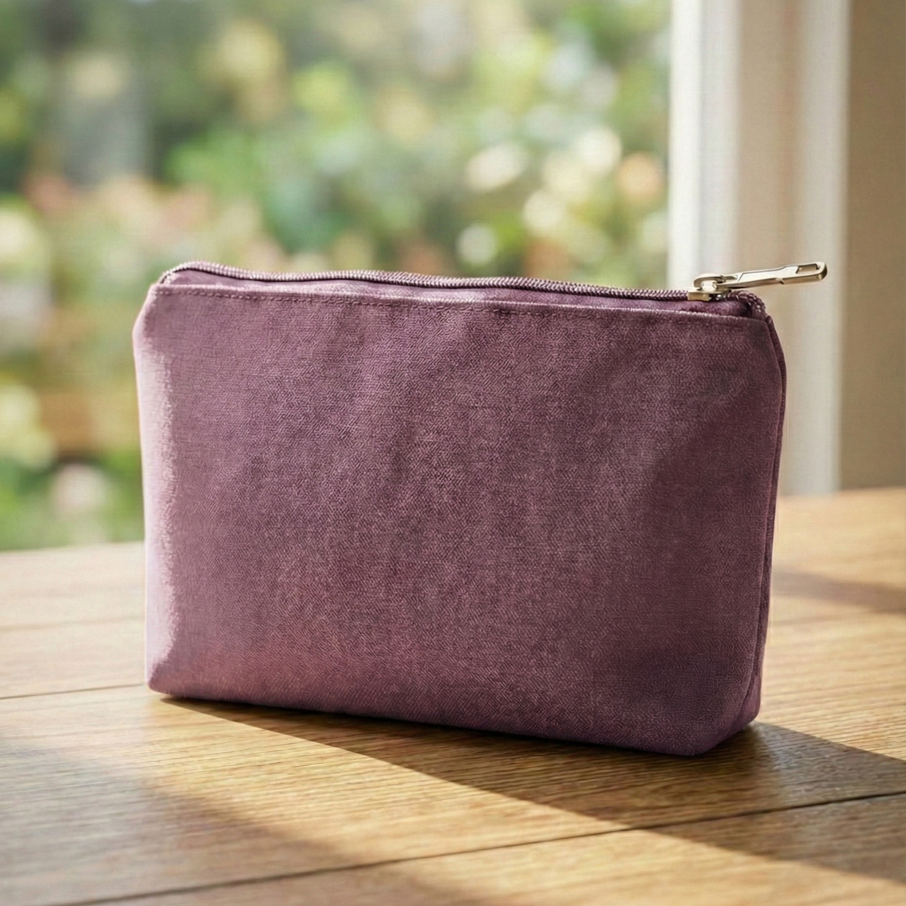 Purple zippered pouch on a wooden surface with a blurred green outdoor background