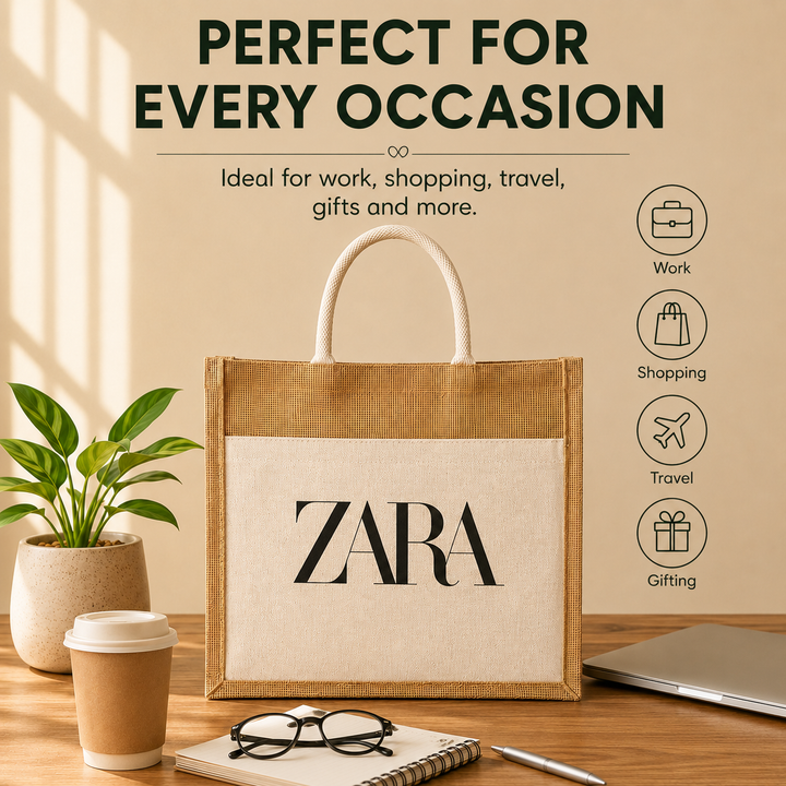 Custom 16x14x6 Jute Tote Bags with Canvas Front Pocket | 350 GSM