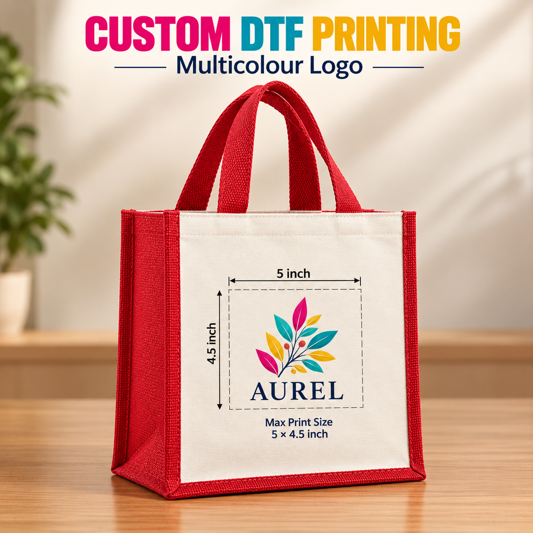 12x15.5x5.5 Red Laminated Jute & Canvas Tote Bag