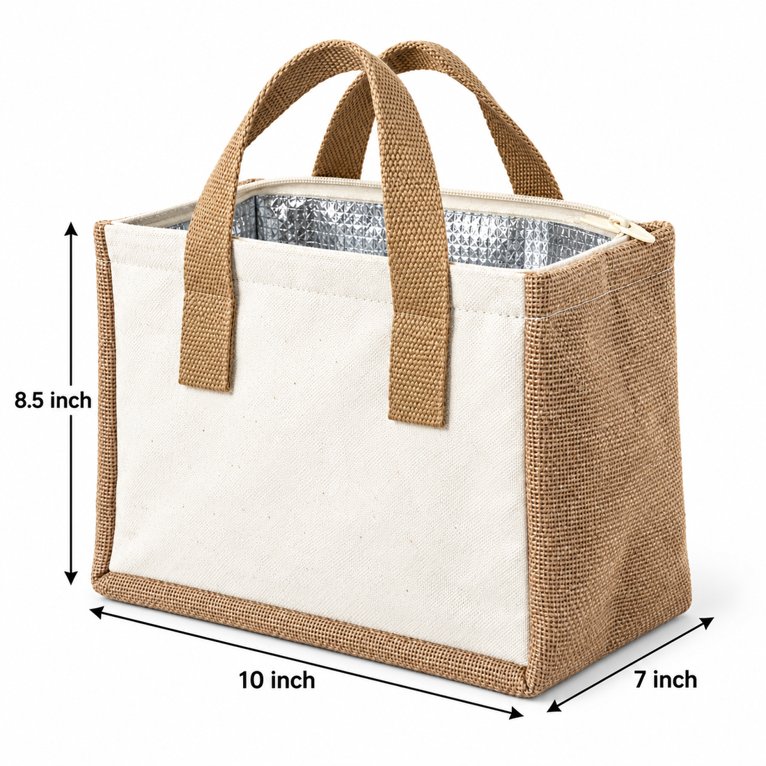 Plain 10x8.5x7 Natural Jute & Canvas Insulated Lunch Bag | 310 GSM