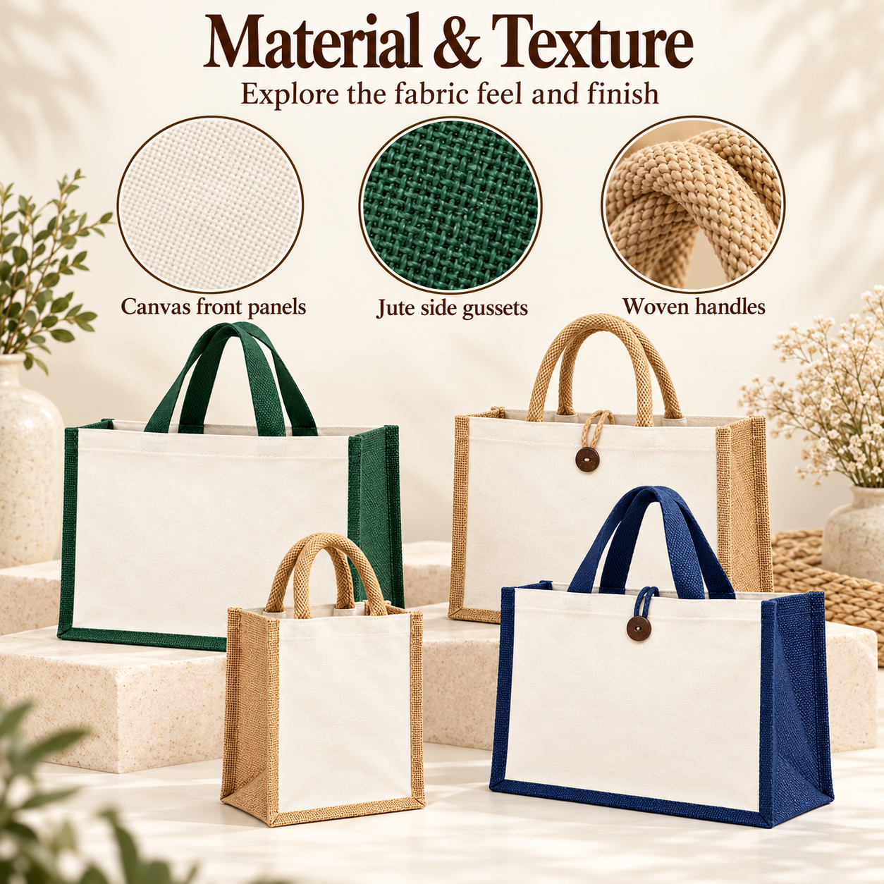 Laminated Jute Hamper Bag Sample Kit - Green Navy & Natural