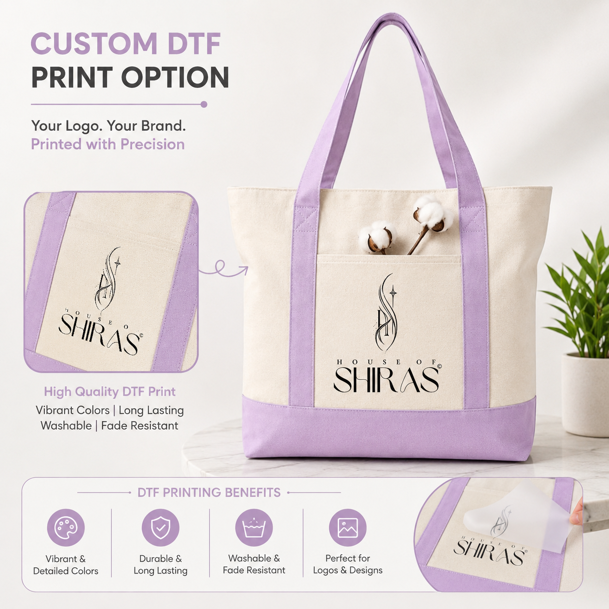 Purple and Beige Large Canvas Tote Bag | 19" x 15" x 6"