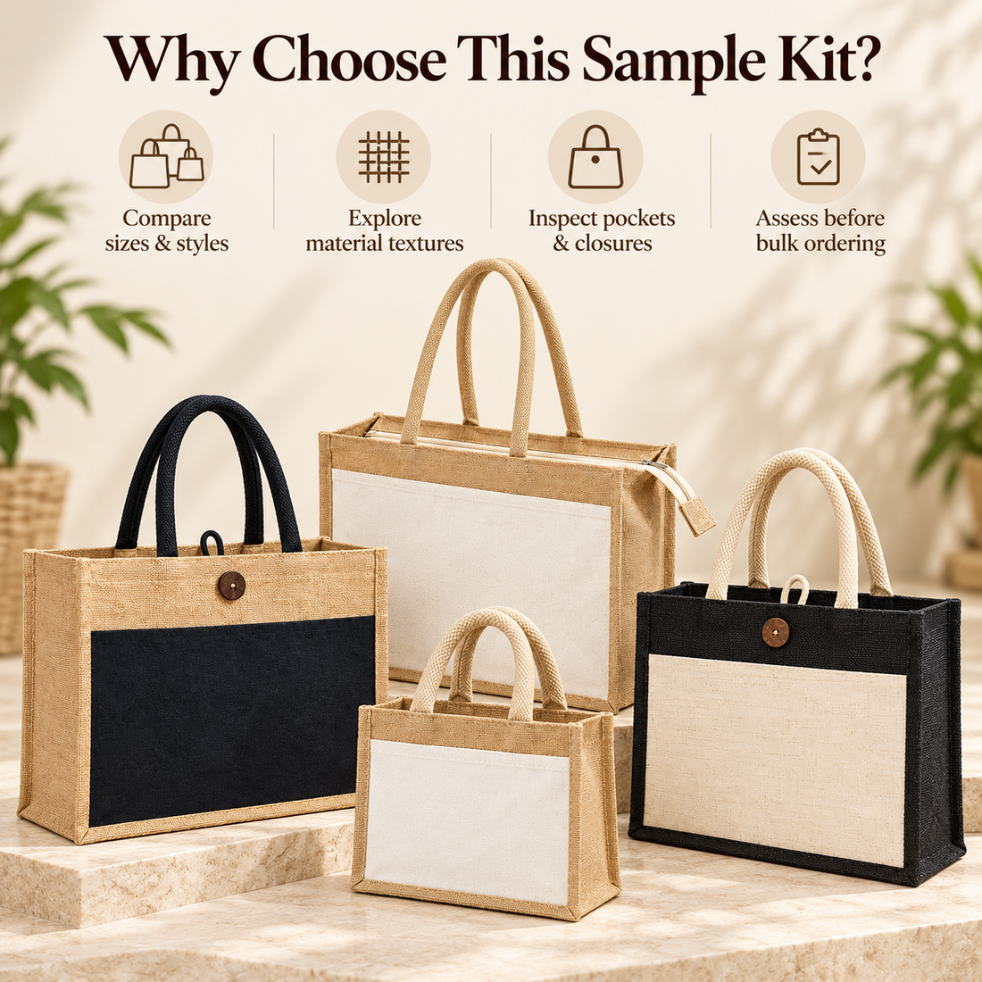 Jute Front Pocket Hamper & Zipper Bag Sample Kit
