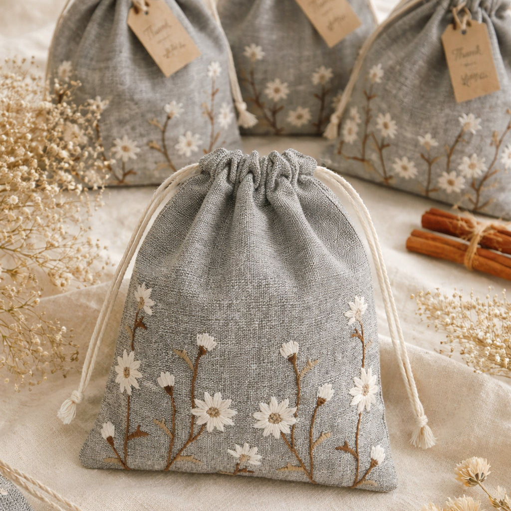 Floral Brown Embroidered Drawstring Bag