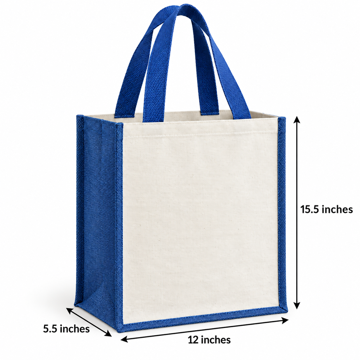Plain 12x15.5x5.5 Blue Laminated Jute & Canvas Tote Bag