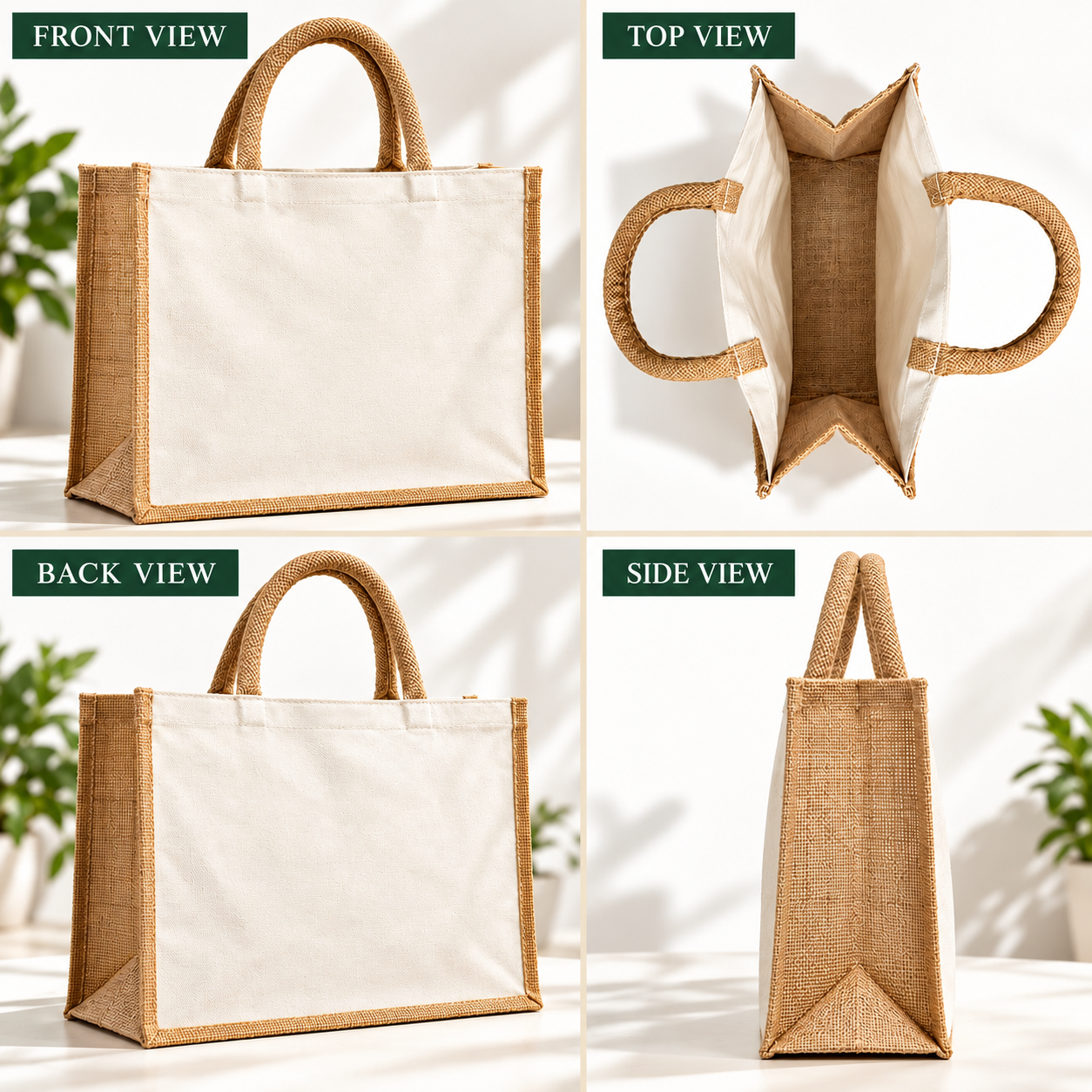 Plain 16x13x6 Natural Laminated Jute & Canvas Hamper Bag