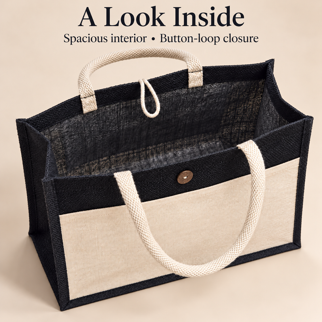 Plain 16x13x6 Black & Natural Jute Hamper Bag with Canvas Front Pocket