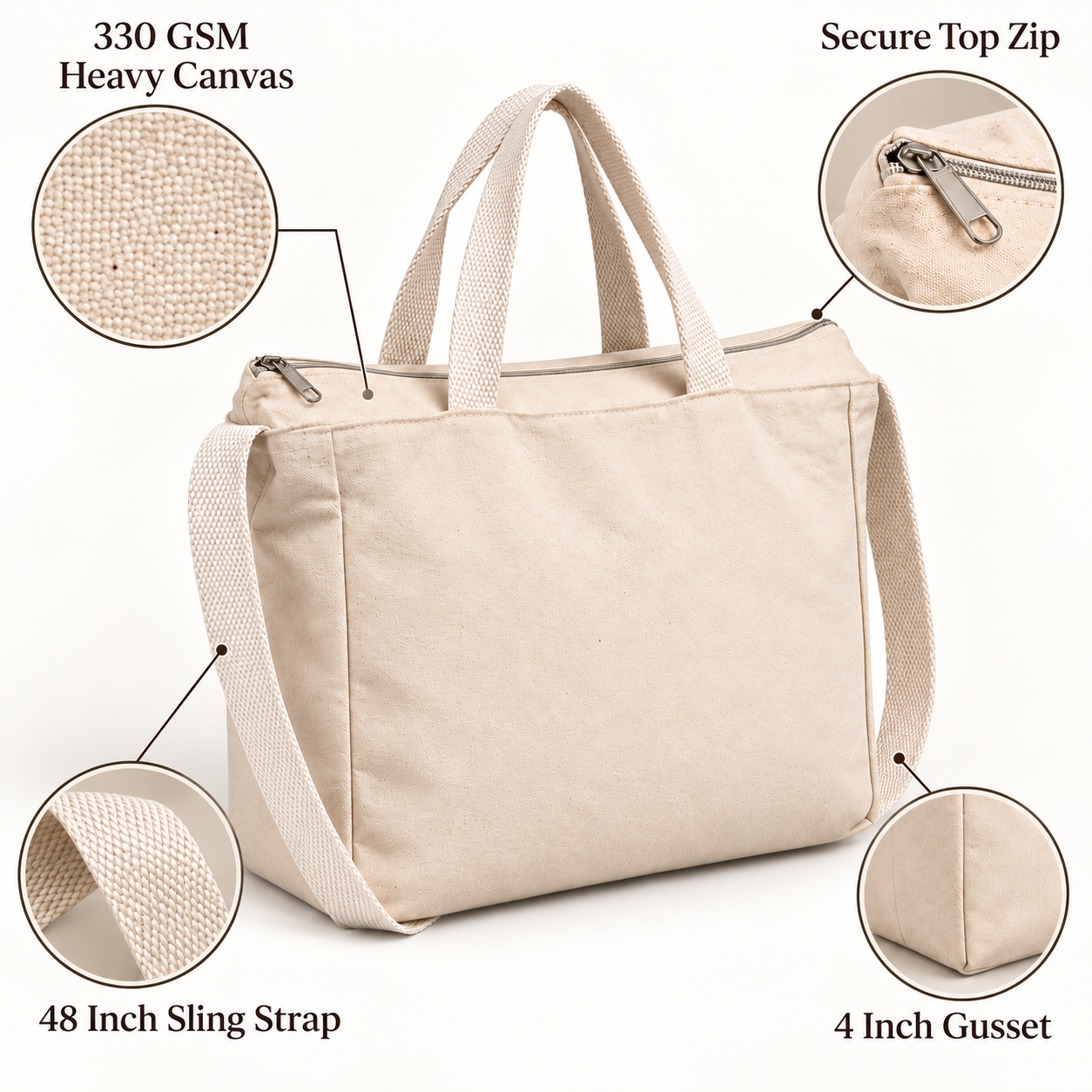 Plain 14×12×4 Canvas Sling Bag with Zip | 330 GSM
