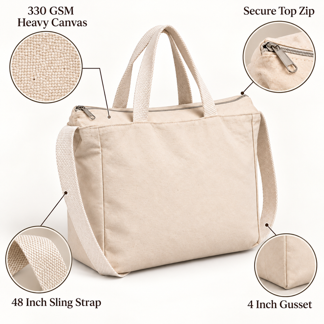 Plain 14×12×4 Canvas Sling Bag with Zip | 330 GSM