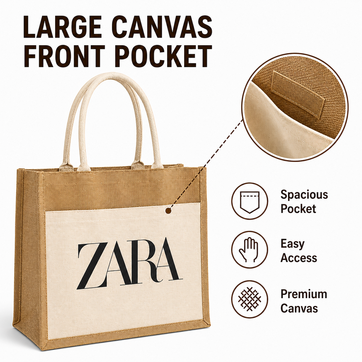 Custom 16X14X6 Jute Tote Bags with Canvas Front Pocket | 350 GSM