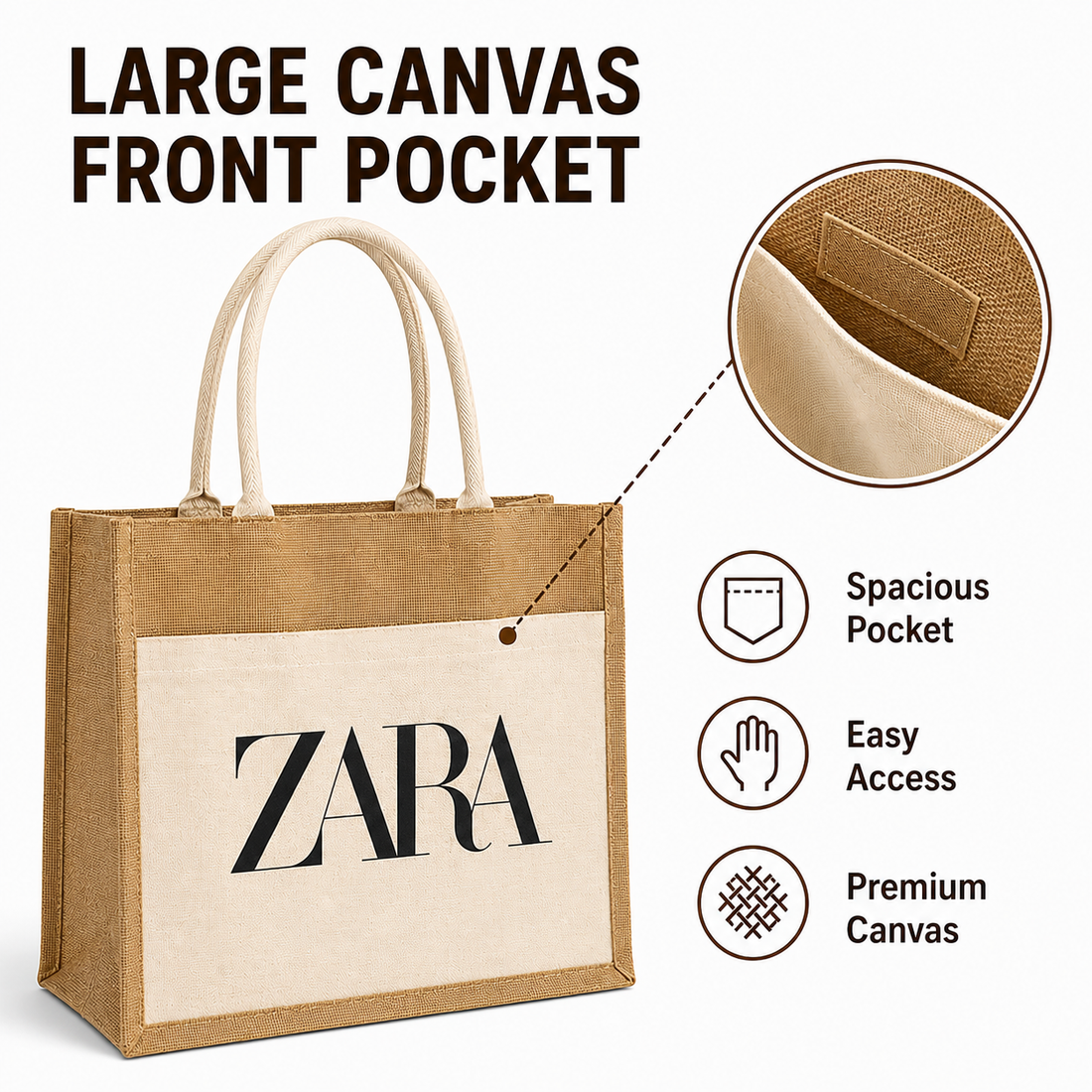 Custom 16X14X6 Jute Tote Bags with Canvas Front Pocket | 350 GSM