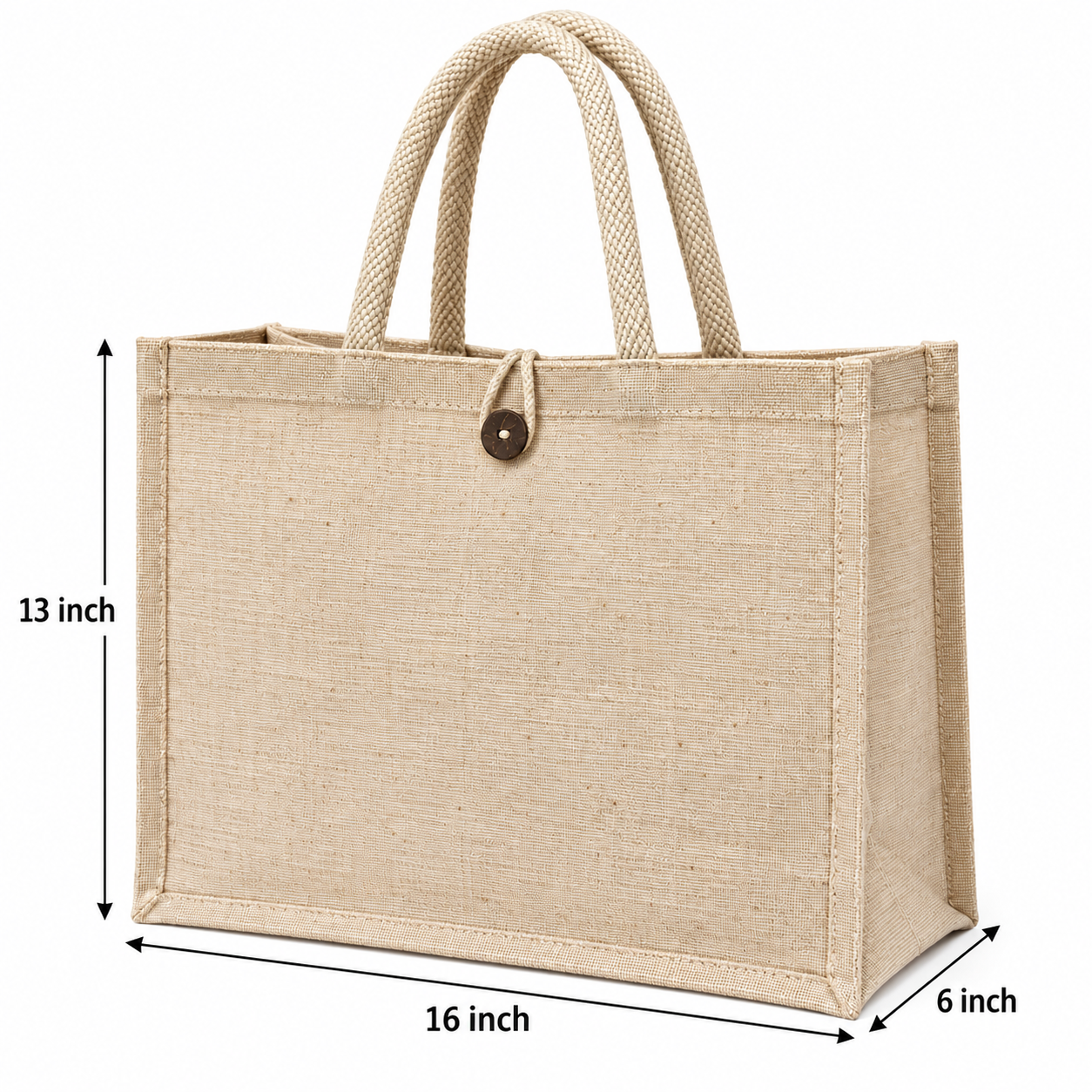 Plain 16x13x6 Natural Laminated Juco Shopping Bag with Button Closure