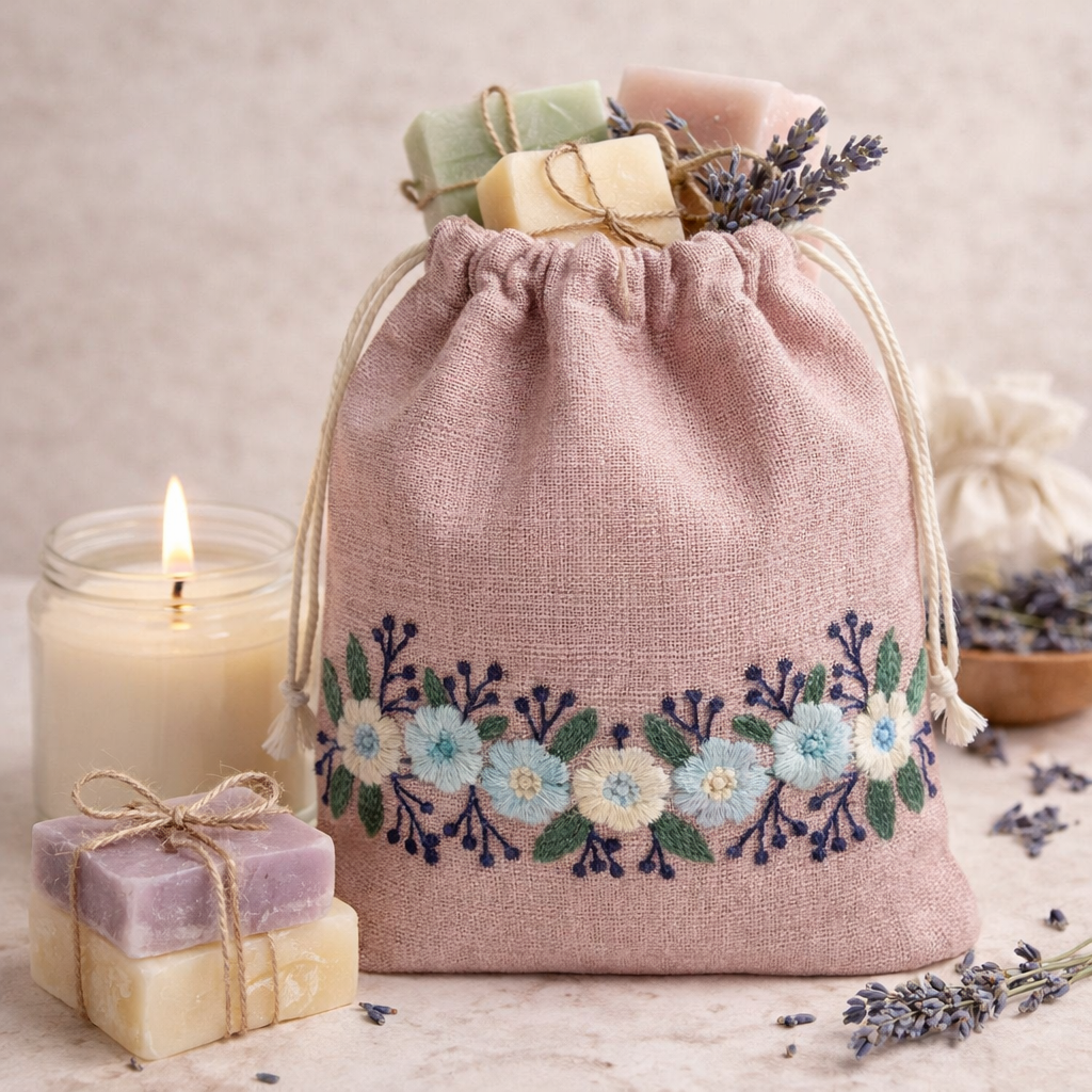 Floral Pink Embroidered Drawstring Bag