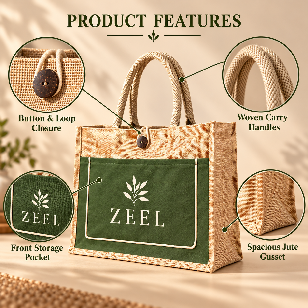 16x13x6 Olive & Natural Cotton-Jute Tote Bag with Front Pocket