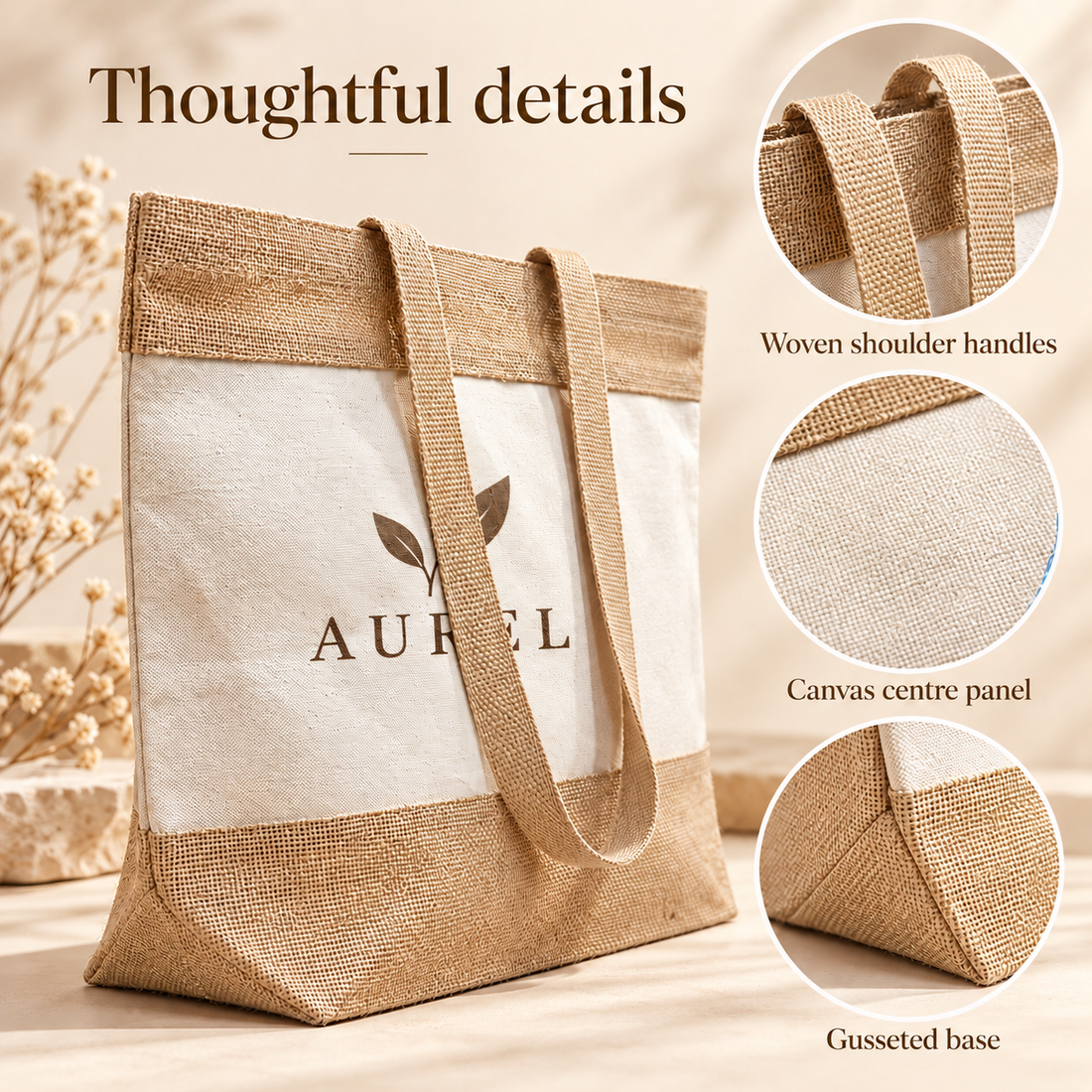 19x14x6 Natural Two-Tone Cotton Canvas Tote Bag | 350 GSM
