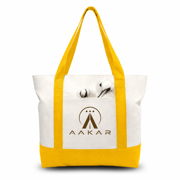 Yellow and Beige Large Canvas Tote Bag | 19" x 15" x 6"