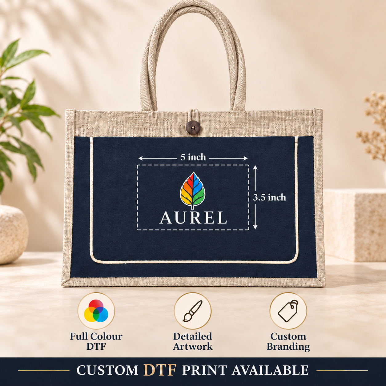 17x13x6 Black & Natural Jute Tote Bag with Piped Canvas Front Pocket