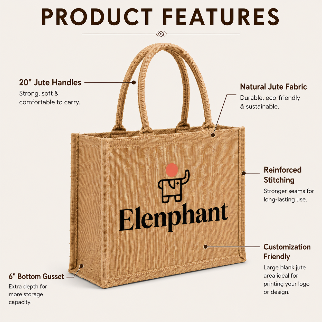 Custom 12×12×7.5 Natural Jute Tote Bag | 350 GSM