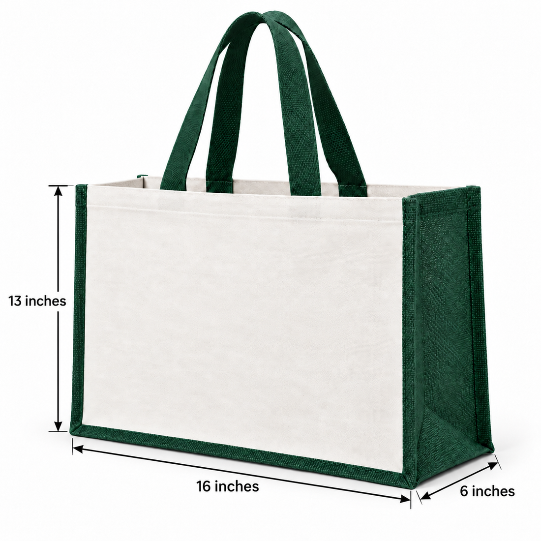 Plain 16x13x6 Green Laminated Jute & Canvas Hamper Bag