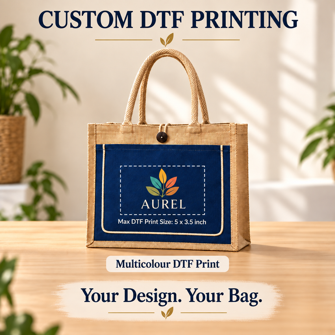 17x13x6 Royal Blue & Natural Jute Tote Bag with Piped Canvas Front Pocket