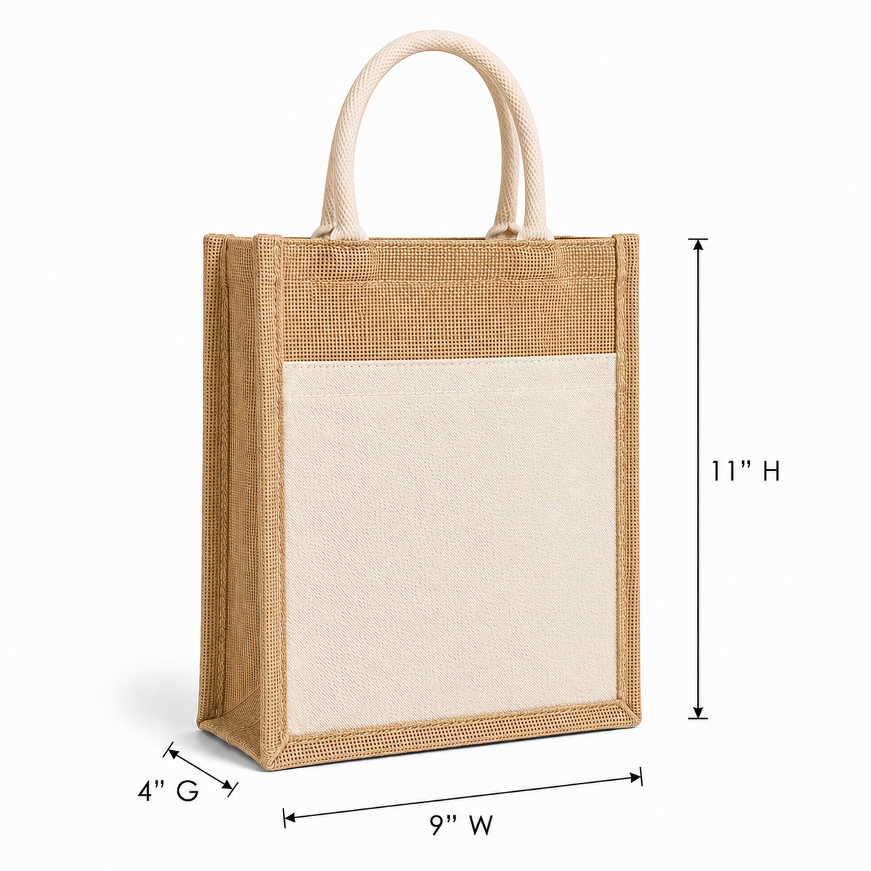 9×11×4 Jute Tote Bags with Canvas Front Pocket |350 GSM