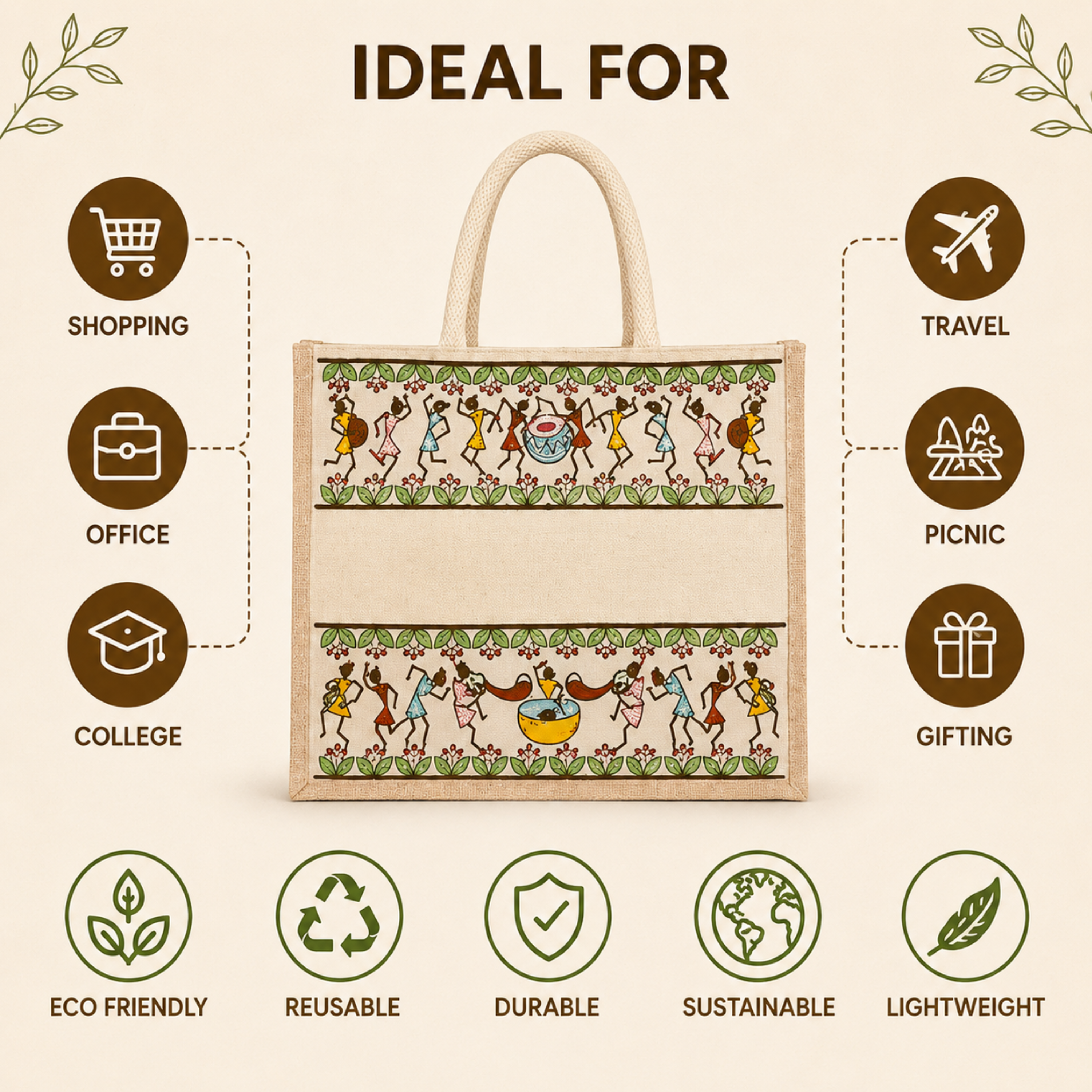Plain Tribal Beats Warli Hamper Bag - Beige
