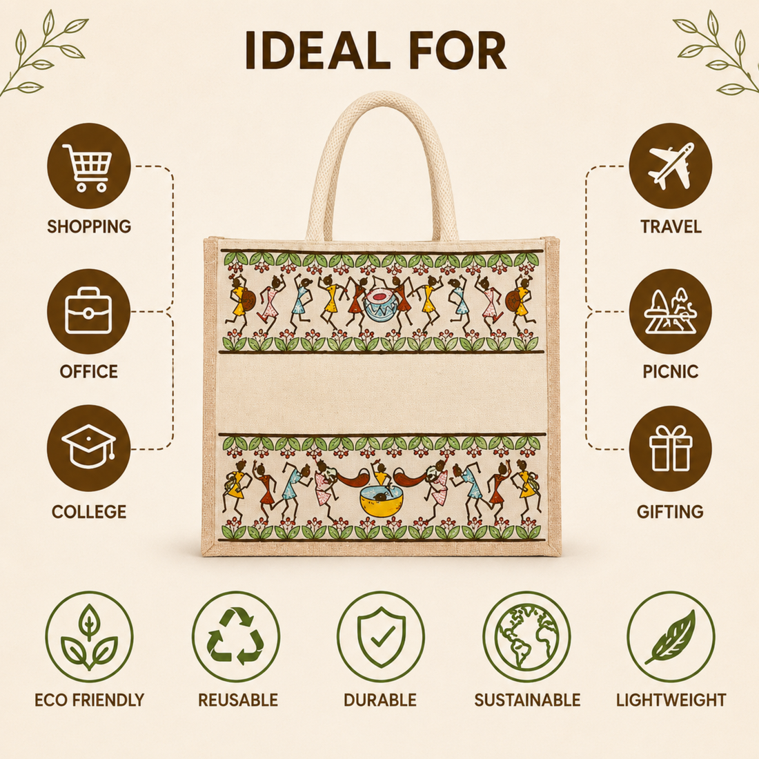 Plain Tribal Beats Warli Hamper Bag - Beige
