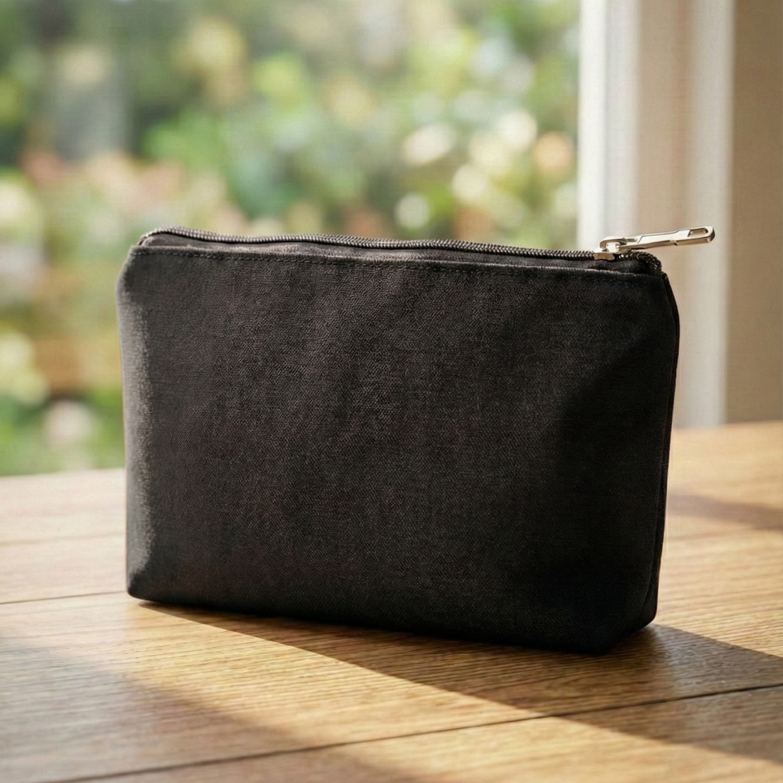 Black zippered pouch on a wooden surface with a blurred green outdoor background