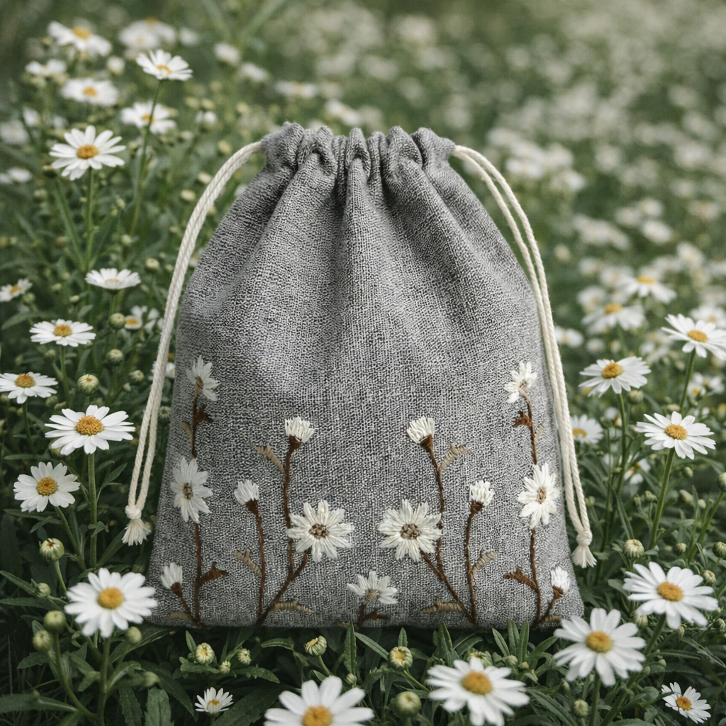 Floral Brown Embroidered Drawstring Bag