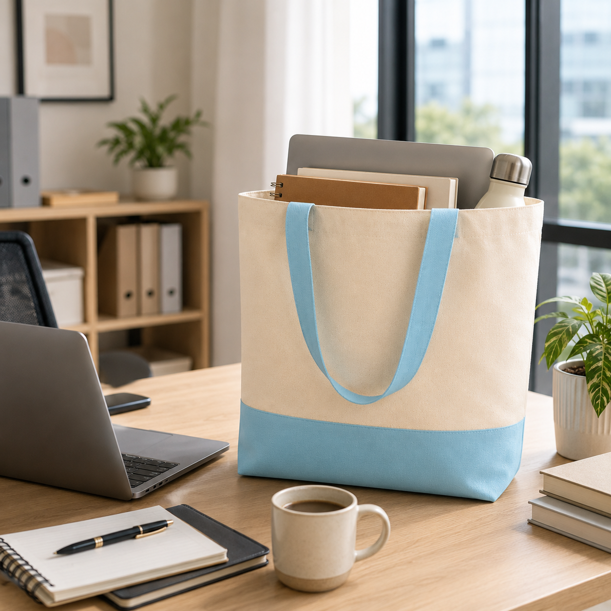 Sky Blue & Beige Tote Bag | 330 GSM
