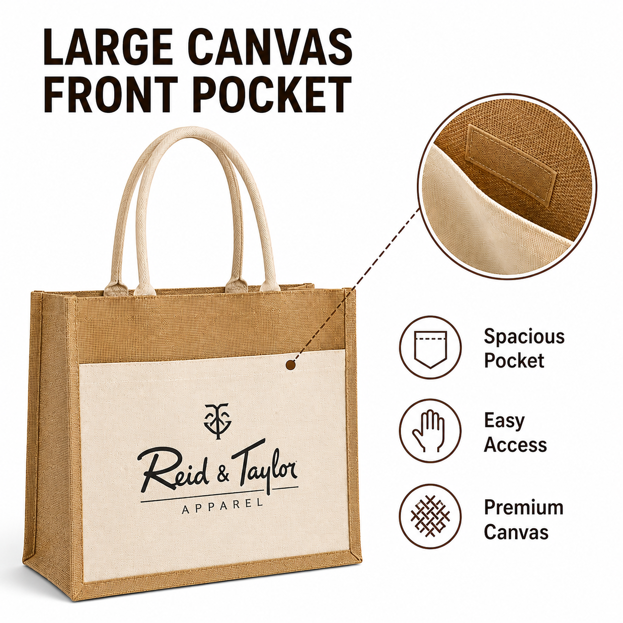 Custom 15X13X6 Jute Tote Bags with Canvas Front Pocket | 350 GSM