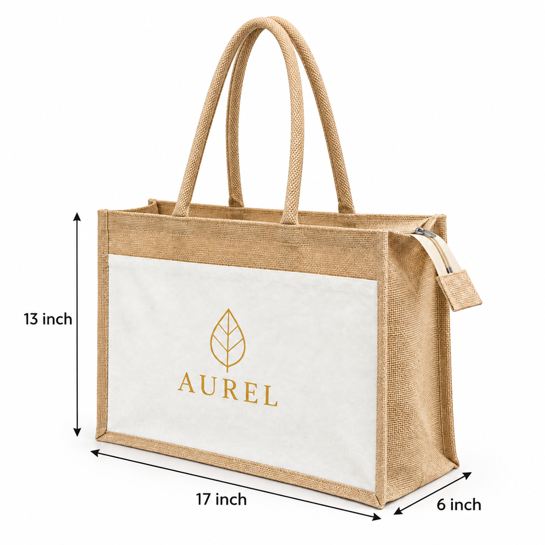 17x13x6 Natural Jute & Canvas Zipper Shopping Bag with Canvas Front Pocket