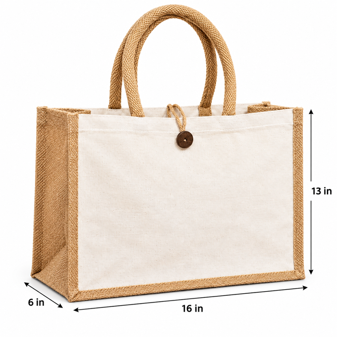 Plain 16x13x6 Natural Laminated Jute & Canvas Hamper Bag with Button Closure