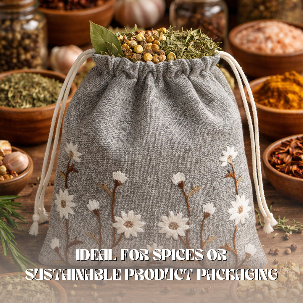 Floral Brown Embroidered Drawstring Bag