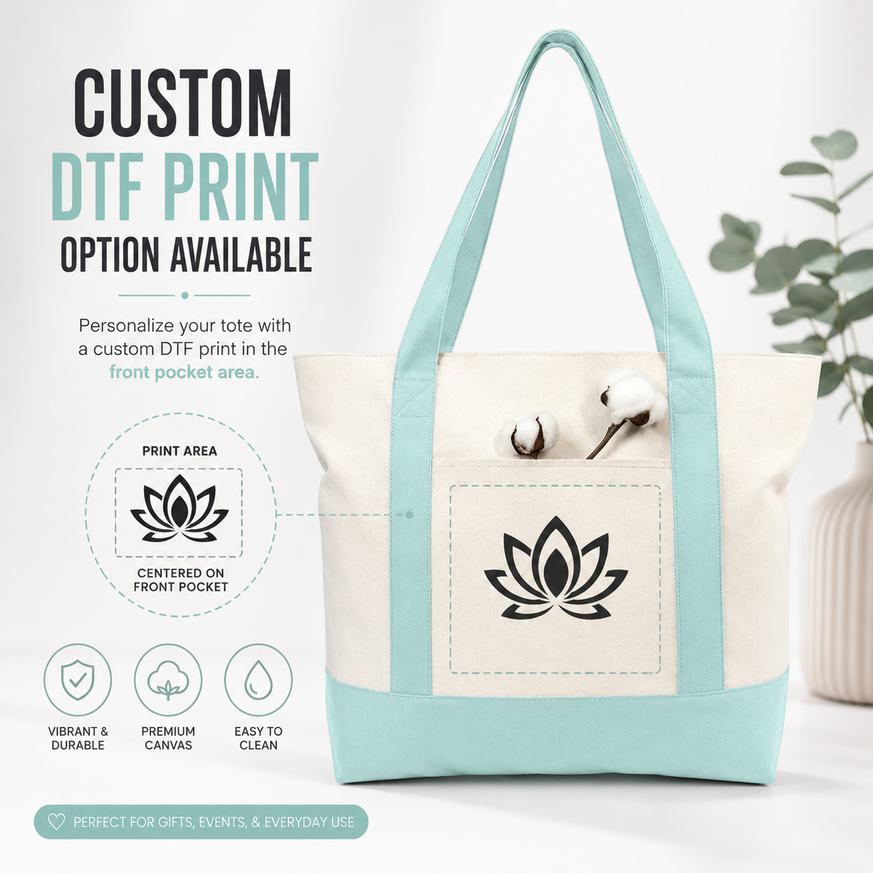 Sky Blue and Beige Large Canvas Tote Bag | 19" x 15" x 6"