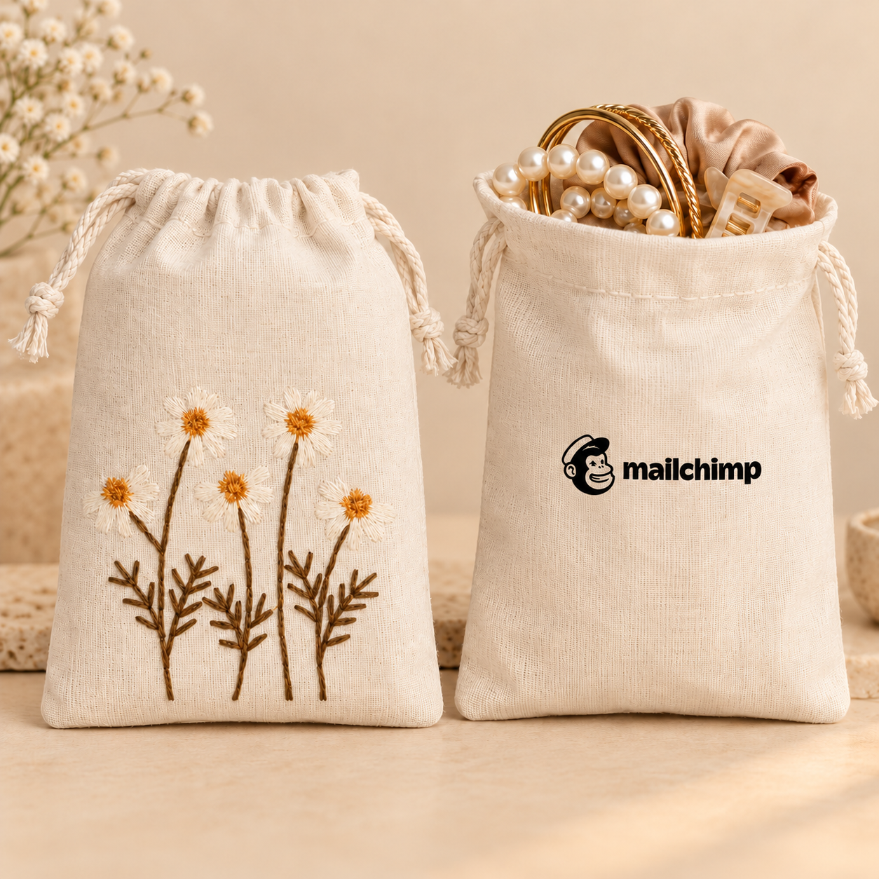 Daisy Delight Embroidered Cotton Drawstring Pouch