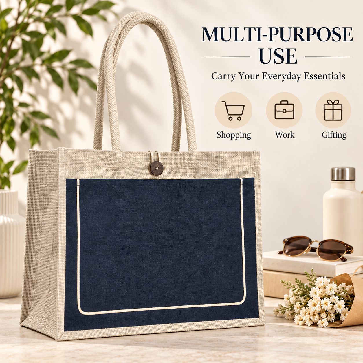 Plain 17x13x6 Black & Natural Jute Tote Bag with Piped Canvas Front Pocket