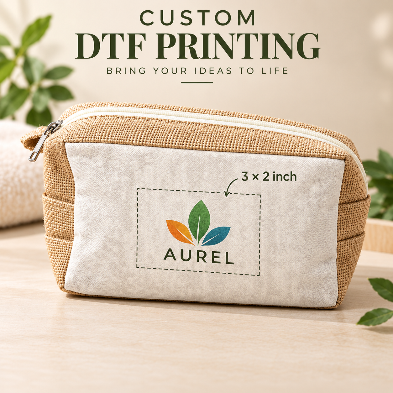 9x8x3  Natural Jute & Canvas Boxy Zipper Pouch