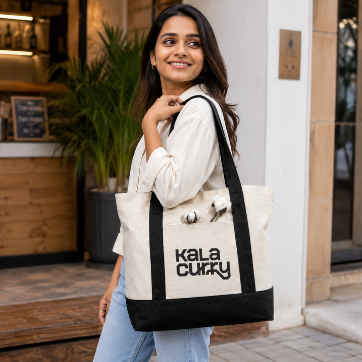 Black and Beige Large Canvas Tote Bag | 19" x 15" x 6"